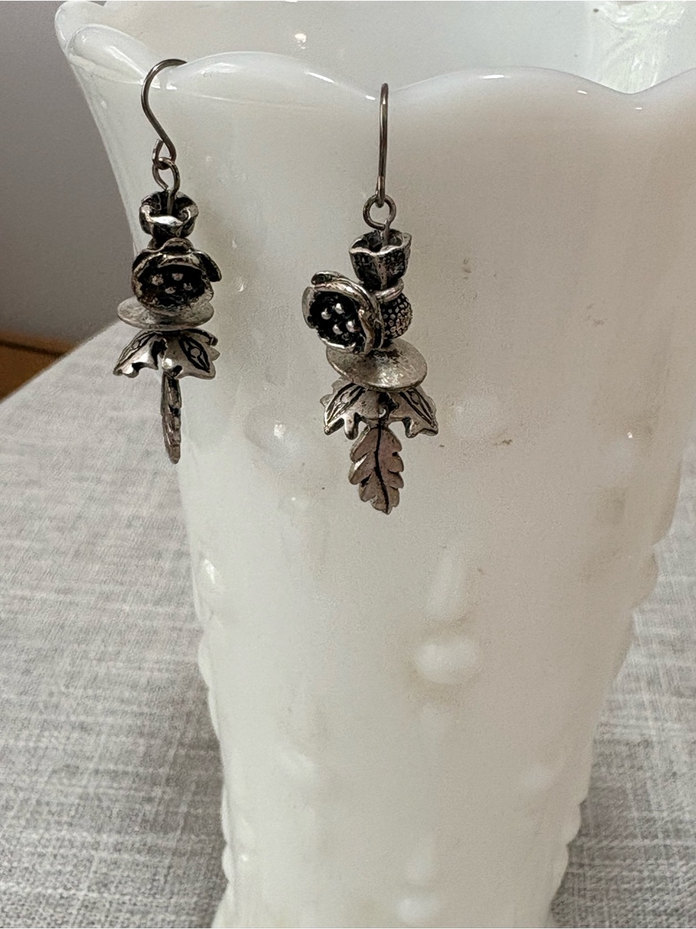Silver Tone Floral Leaf Drop Earrings - Silver Rose Dangle
